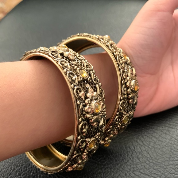 Antique Gold Wide Bracelets with Precious Gemstones x 2 - Picture 1 of 4